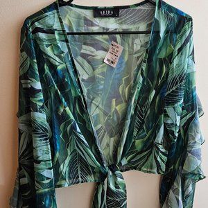 Akira Tropical Leaf Green Mesh Cropped Cardigan Tie Front Top XL